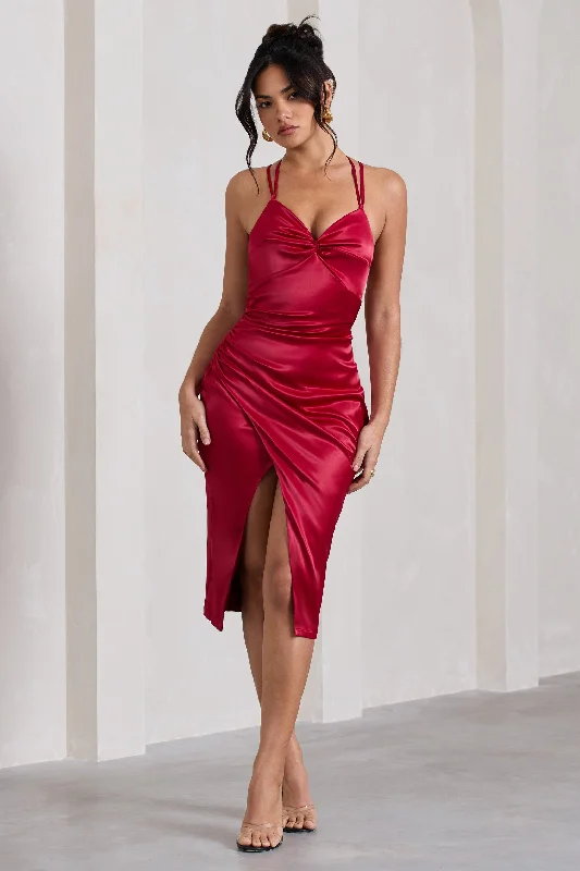 Women's Shawl Collar DressesPenelope | Red Satin Twist Front Strappy Midi Dress