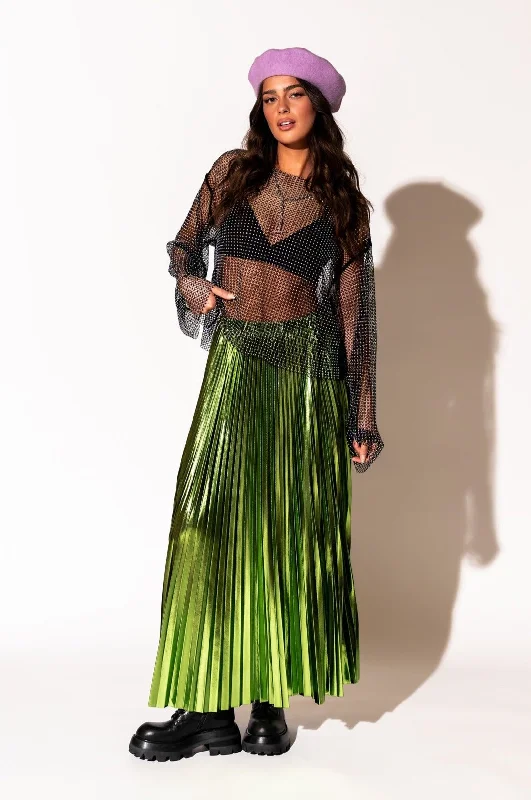 Women's Lapel Collar SkirtsMetallic Pleated Midi Skirt in Electric Lime *RESTOCKED*