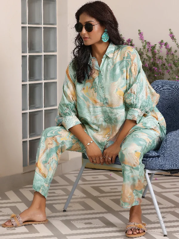 Women's Jumpsuits with Mandarin CollarBlue Printed Silk Blend Co-Ords