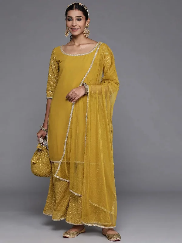 Women's Jumpsuits with BeltMustard Solid Georgette Straight Kurta With Palazzos & Dupatta