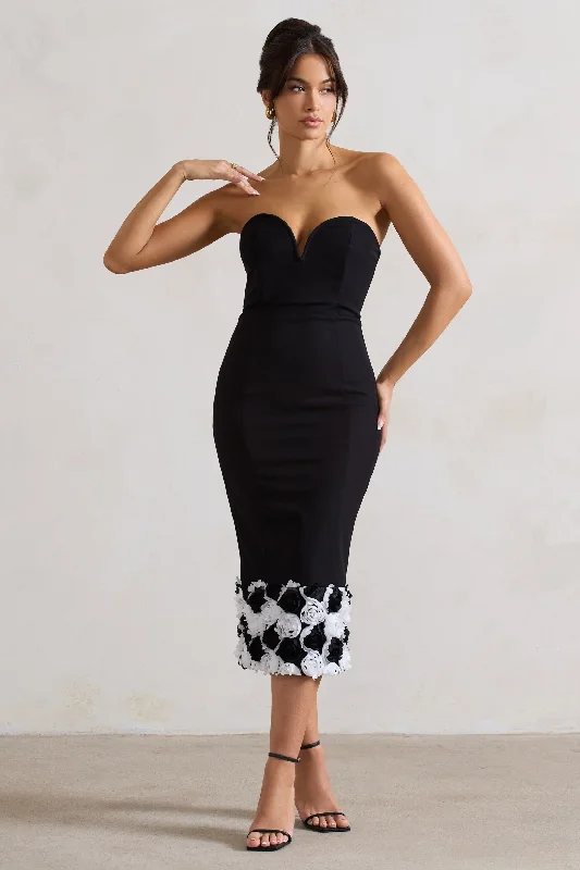 Women's Boat Collar DressesRamona | Black Bodycon Sweetheart Midi Dress With Floral Trim