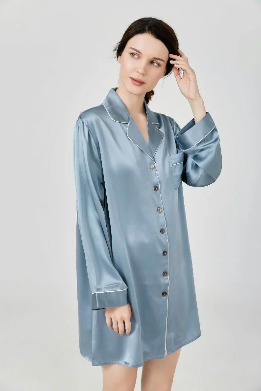 women's pajamas with pockets on legsLong Sleeves Boyfreind Silk Sleep Shirt