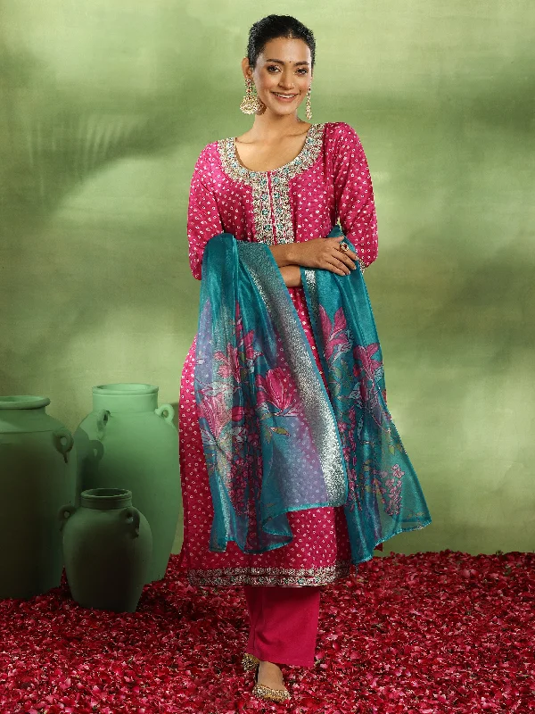 Women's Jumpsuits with Shirt CollarPink Printed Silk Blend Straight Suit With Dupatta