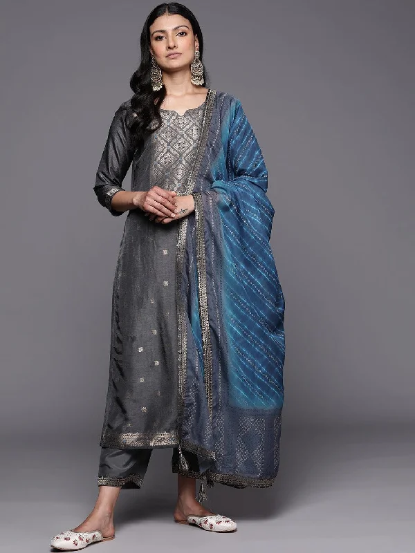 Women's Jumpsuits with Collarless DesignGrey Self Design Silk Blend Straight Kurta With Trousers & Dupatta