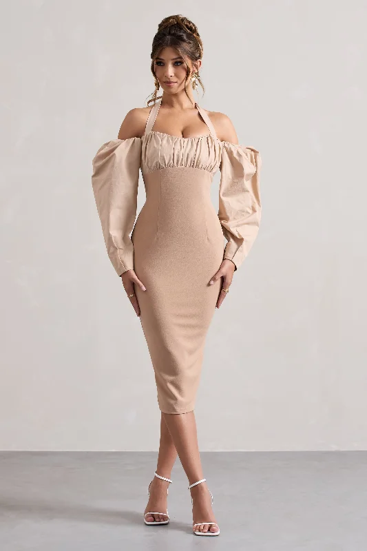 Women's Shawl Collar DressesCouture Client | Champagne Halter-Neck Puff Sleeve Midi Dress