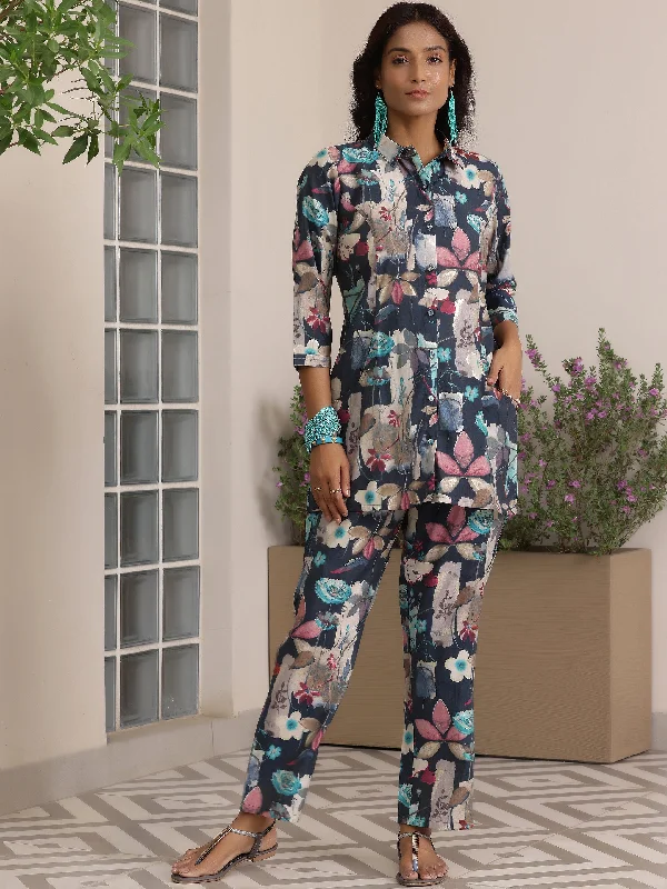 Women's Jumpsuits with Straight LegBlue Printed Silk Blend Co-Ords