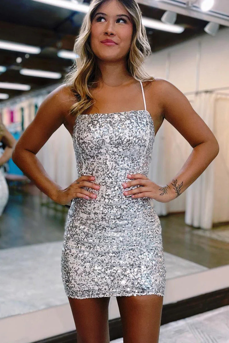 Women's Tiered DressesGlitter Bodycon Straps Silver Sequins Short Homecoming Dresses