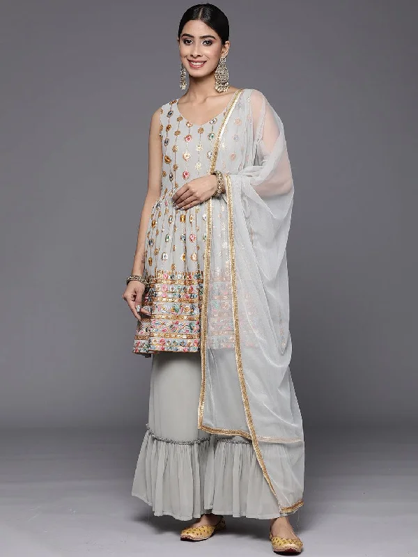 Women's Jumpsuits with U-Shaped CollarGrey Embroidered Georgette A-Line Sharara Suit Set With Dupatta