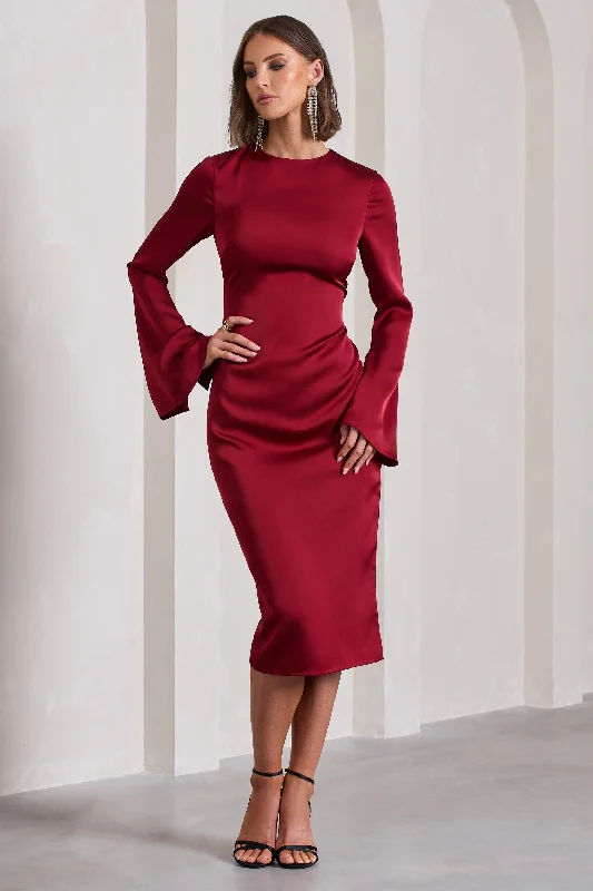 Women's Short-Sleeve DressesZaina | Burgundy Long Sleeve Midi Dress with High Neckline