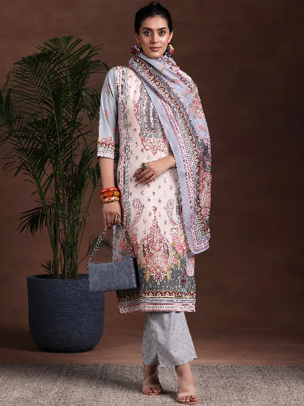 Women's Jumpsuits with Boat NeckGrey Printed Poly Crepe Straight Suit With Dupatta