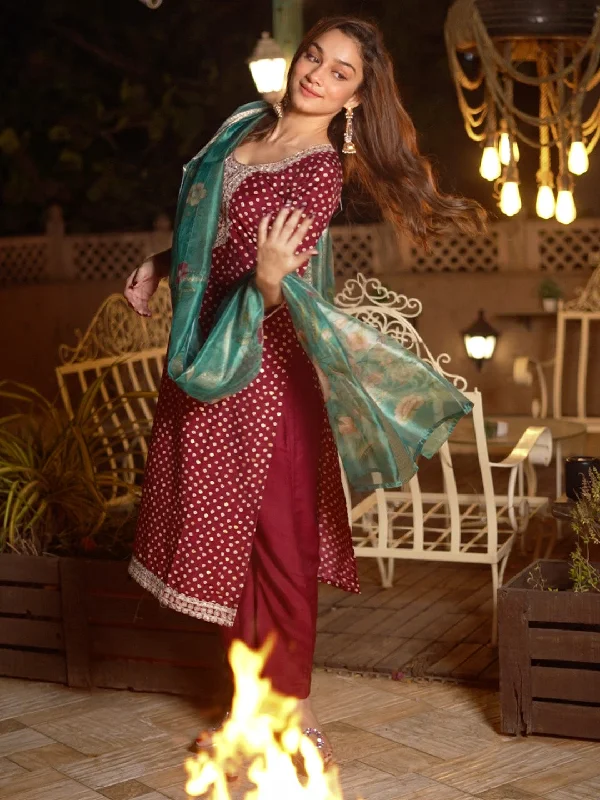 Women's Jumpsuits with Shirt CollarMaroon Printed Silk Blend Straight Suit With Dupatta