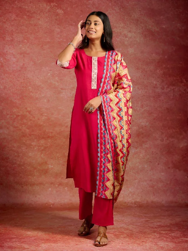 Women's Jumpsuits with Shawl CollarPink Yoke Design Silk Blend Straight Suit With Dupatta