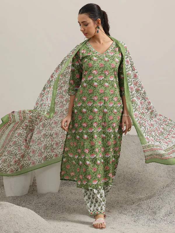 Women's Jumpsuits with Low WaistGreen Printed Cotton Straight Suit With Dupatta