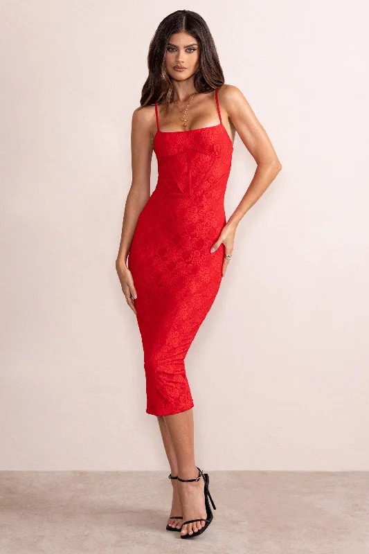 Women's Notched Collar DressesAnele | Red Lace Overlay Corset Midi Dress