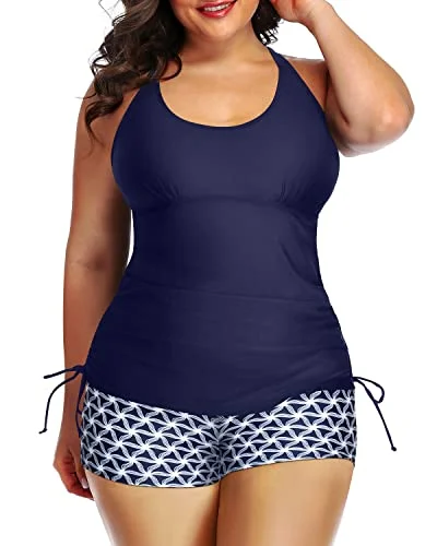 Sexy Hollow-Out Back Design Two Piece Ruched Swimsuit-Navy Blue Tribal