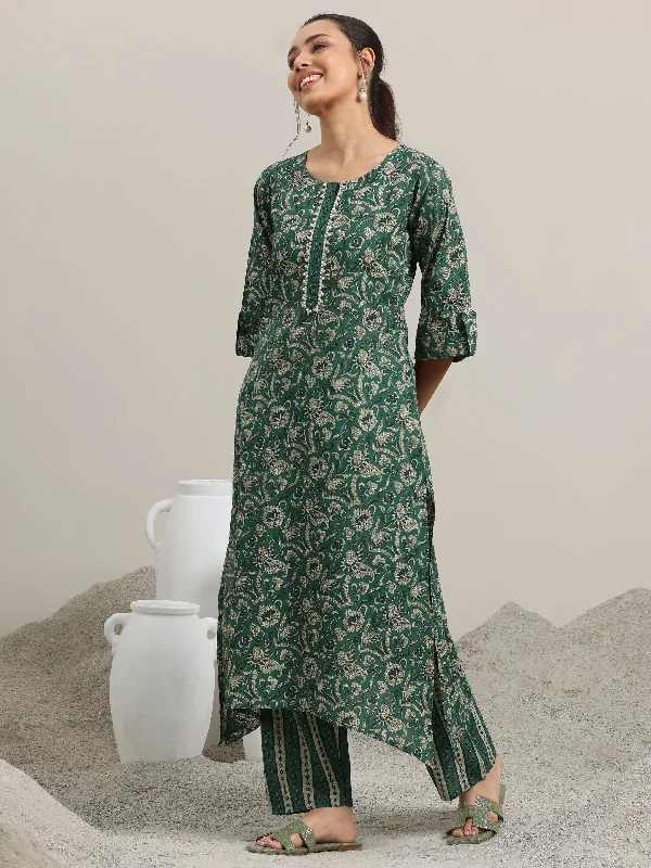 Women's Jumpsuits with Notched CollarGreen Printed Cotton Straight Kurta With Palazzos