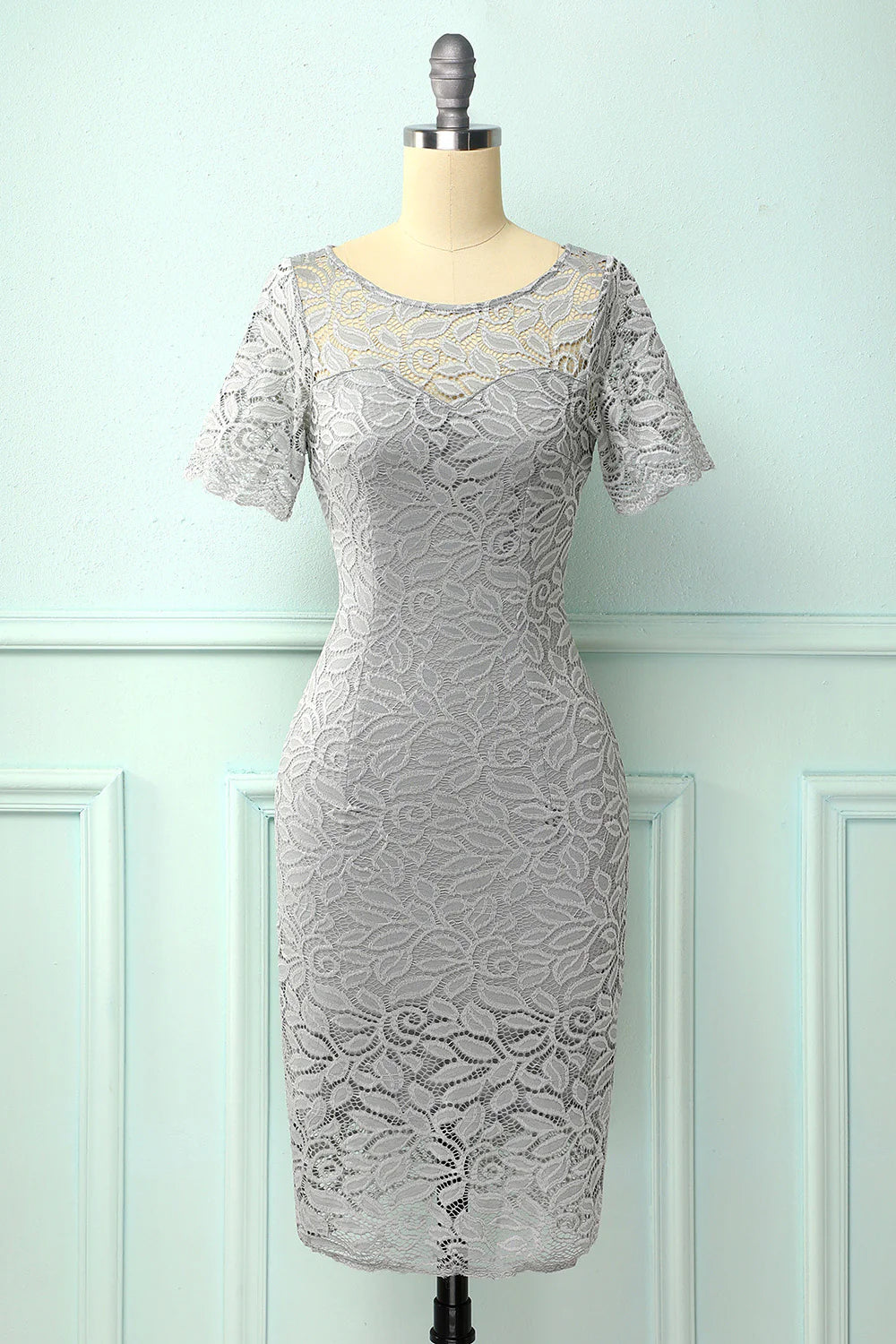 Women's Flared DressesGrey Bodycon Lace Dress Round Neck Wedding Guest Dress