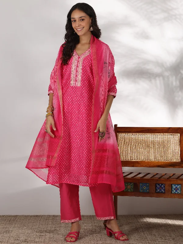 Women's Jumpsuits with Asymmetrical HemPink Printed Silk Blend Straight Suit With Dupatta