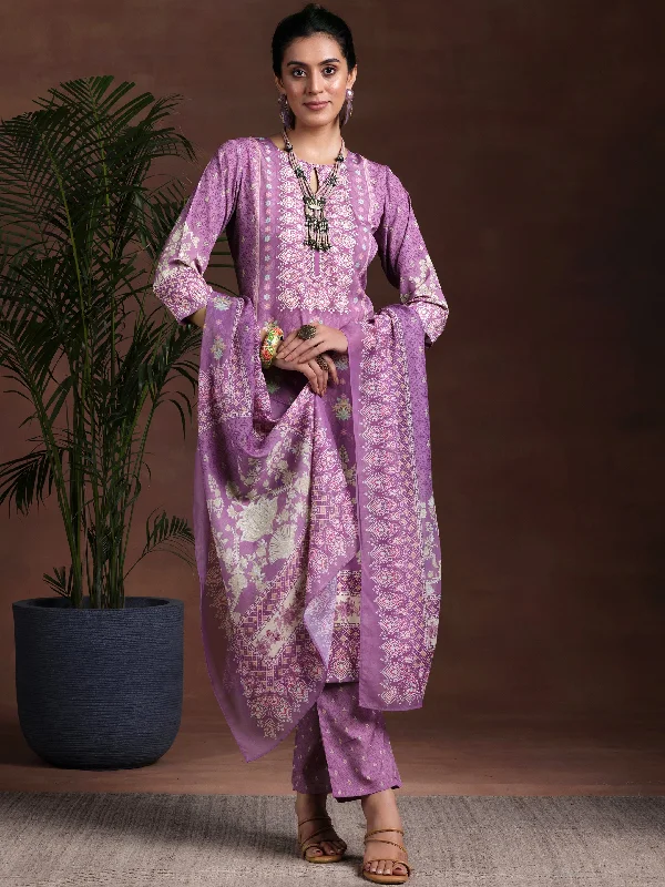 Women's Jumpsuits with U-Shaped CollarPurple Printed Poly Crepe Straight Suit With Dupatta