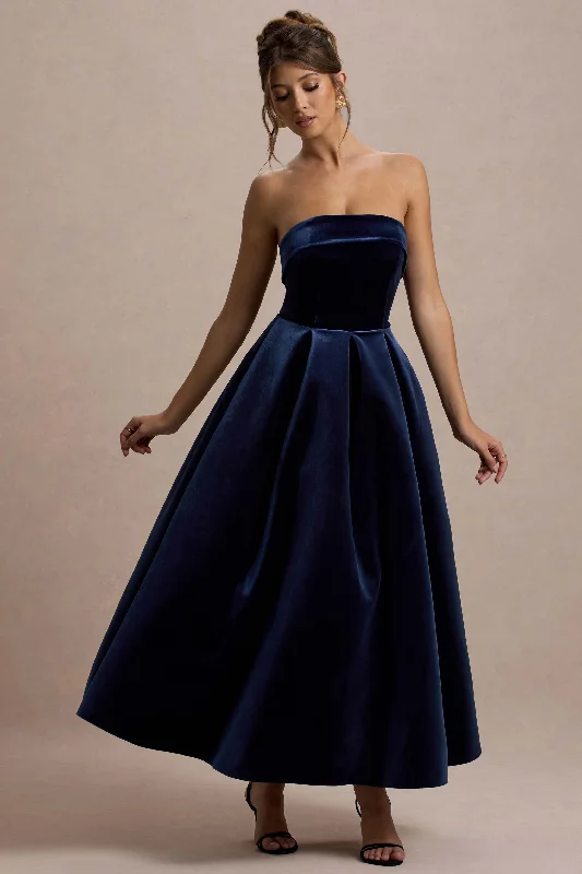 Women's Keyhole Collar DressesAddina | Navy Velvet Bandeau Skater Midi Dress