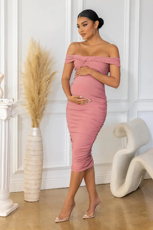 Women's Mini DressesPerfection | Pink Maternity Bardot Knot Ruched Midi Dress