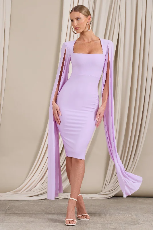 Women's Collarless DressesFlawless | Lilac Square Neck Midi Dress With Cape Sleeves