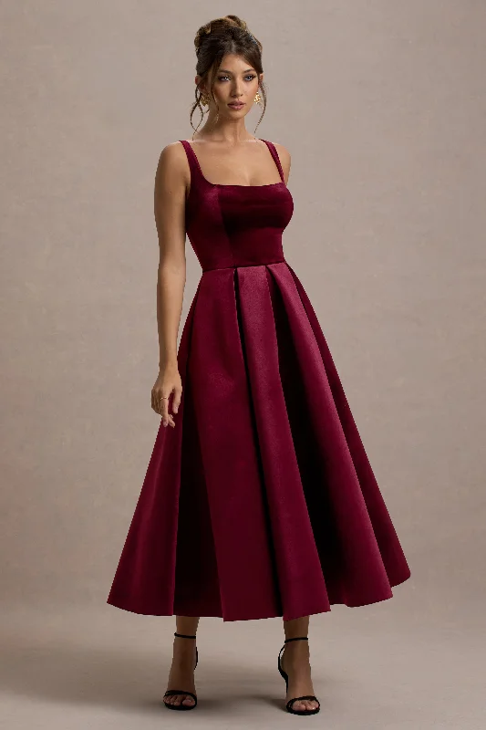 Women's Square-Back DressesFrancisca | Berry Velvet Strappy Volume-Hem Midi Dress