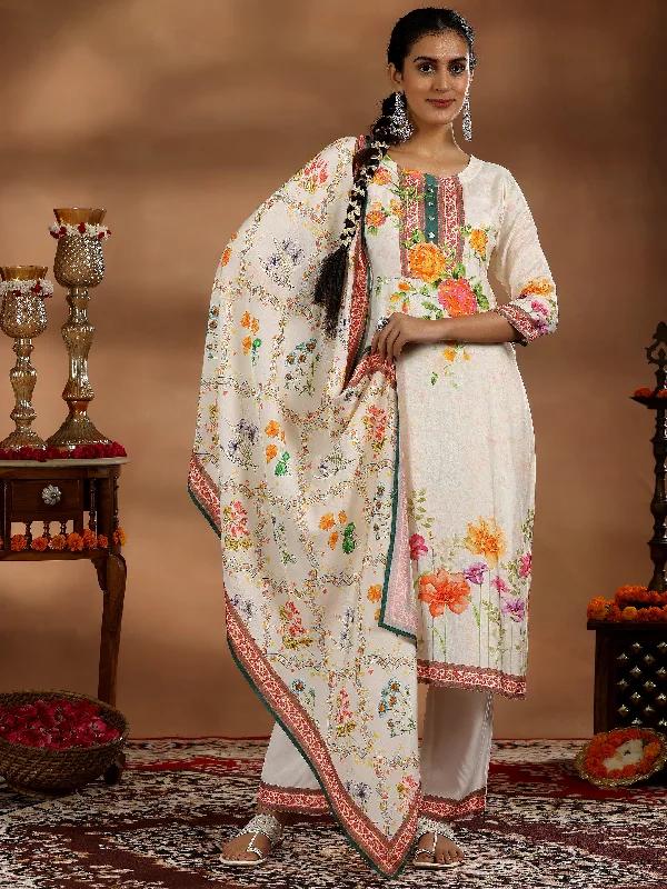 Women's Jumpsuits with Collarless DesignOff White Printed Cotton Blend Straight Suit With Dupatta