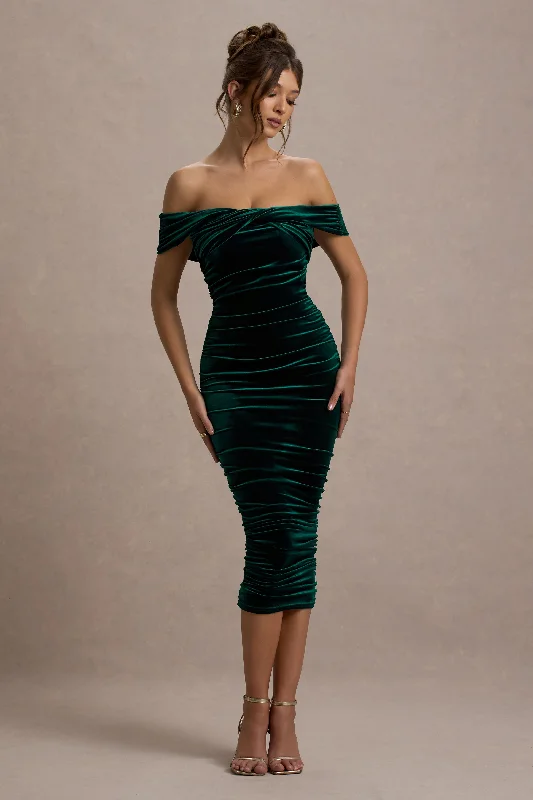 Women's Boat-Neck DressesGratitude | Bottle Green Velvet Off The Shoulder Ruched Midi Dress