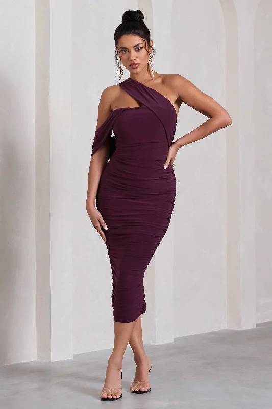 Women's Mandarin-Neck DressesCici | Plum Asymmetric One Shoulder Ruched Midi Dress