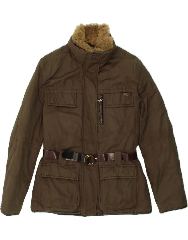 Women's Coats with Fur Trimmed ZipperCONTE OF FLORENCE Womens Utility Jacket IT 40 Small Khaki Cotton