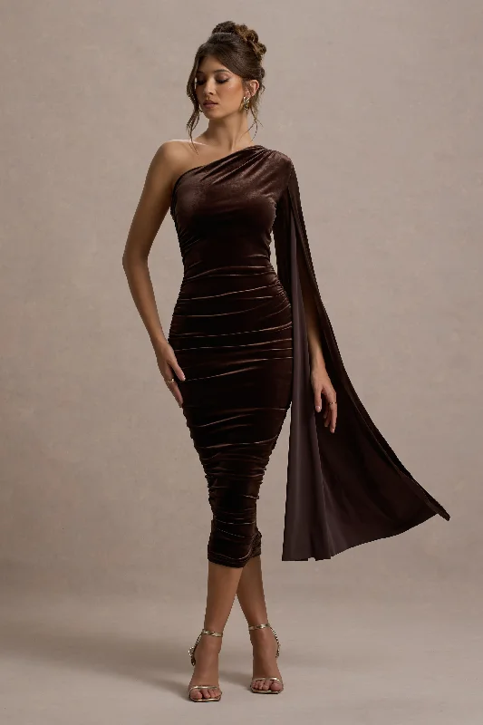 Women's U-Back DressesGianna | Chocolate Velvet One Shoulder Cape Bodycon Midi Dress