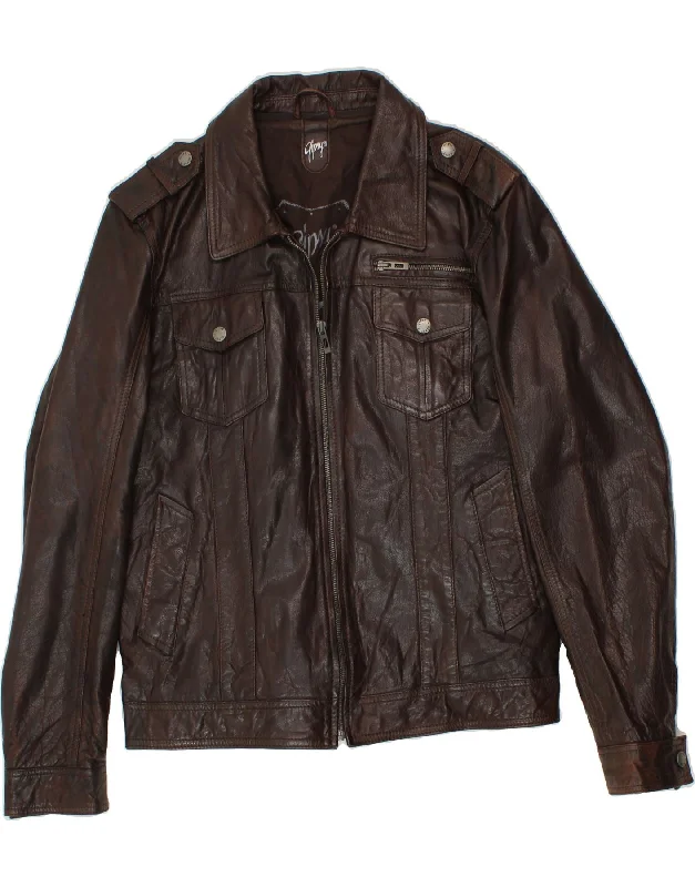 Women's Coats with SleevesGIPSY Womens Military Leather Jacket UK 14 Large Brown