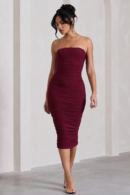 Women's High-Neck DressesMy Girl | Burgundy Bandeau Bodycon Ruched Mesh Midi Dress