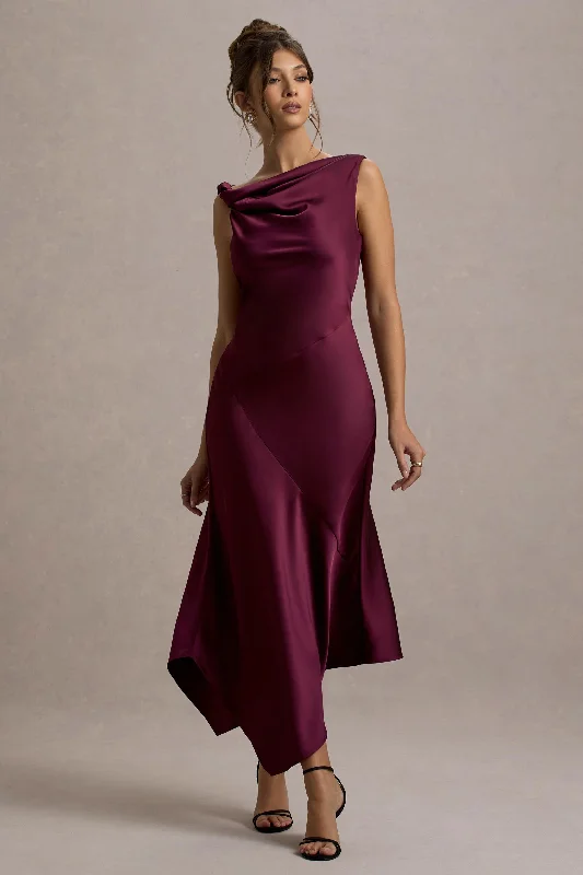 Women's V-Shaped Collar DressesDonelli | Plum Satin Asymmetric Midi Dress