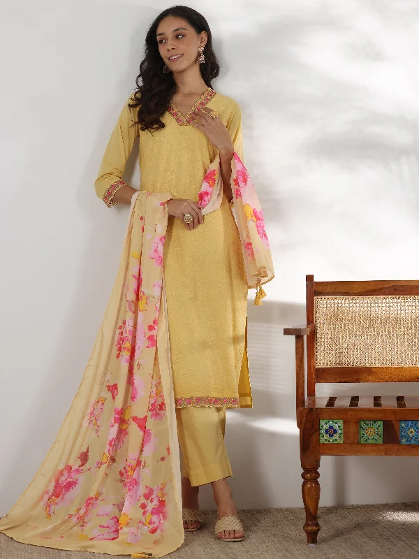 Women's Jumpsuits with Low CollarLime Embroidered Cotton Straight Suit With Dupatta