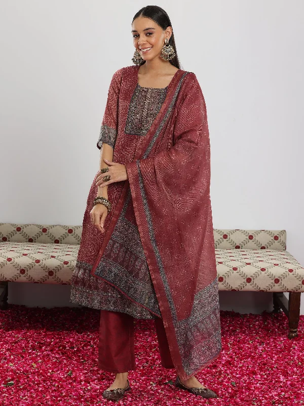 Women's Jumpsuits with Shawl CollarMaroon Printed Silk Blend Straight Suit With Dupatta