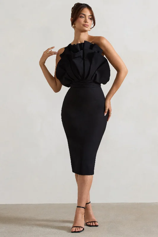 Women's Cut-Out DressesOria | Black Ruffled Strapless Midi Dress