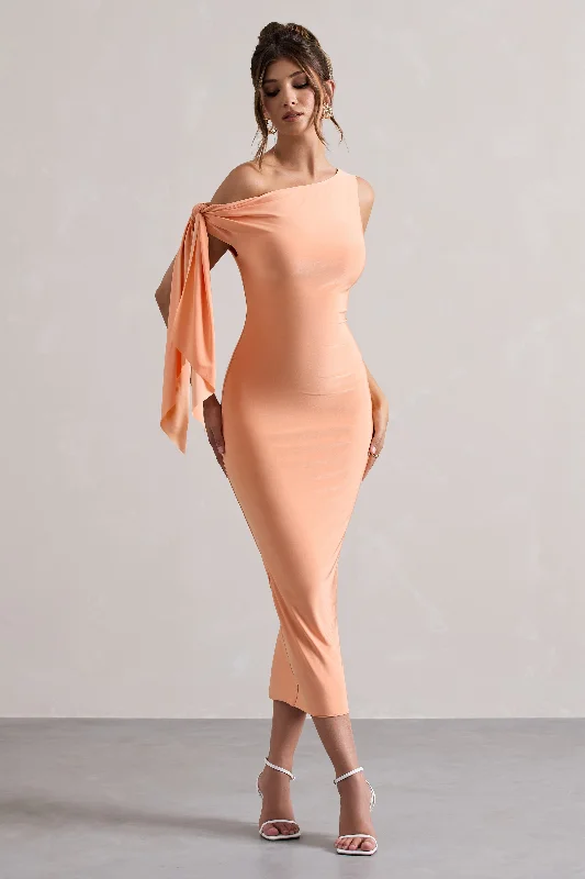 Women's Rounded Collar DressesAdapt | Coral Asymmetric Midi Dress With Tie Sleeve