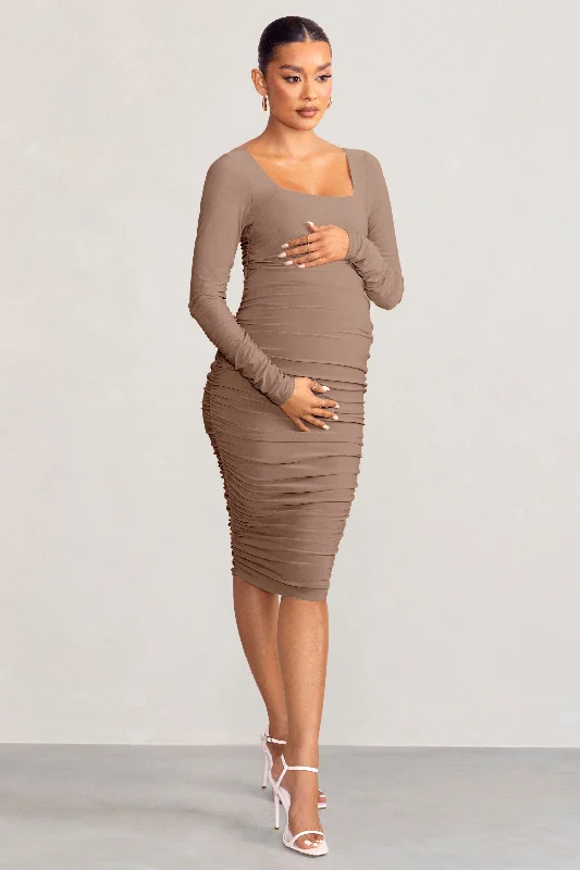 Women's Rounded Collar DressesNew Life | Mocha Maternity Square Neck Ruched Midi Dress