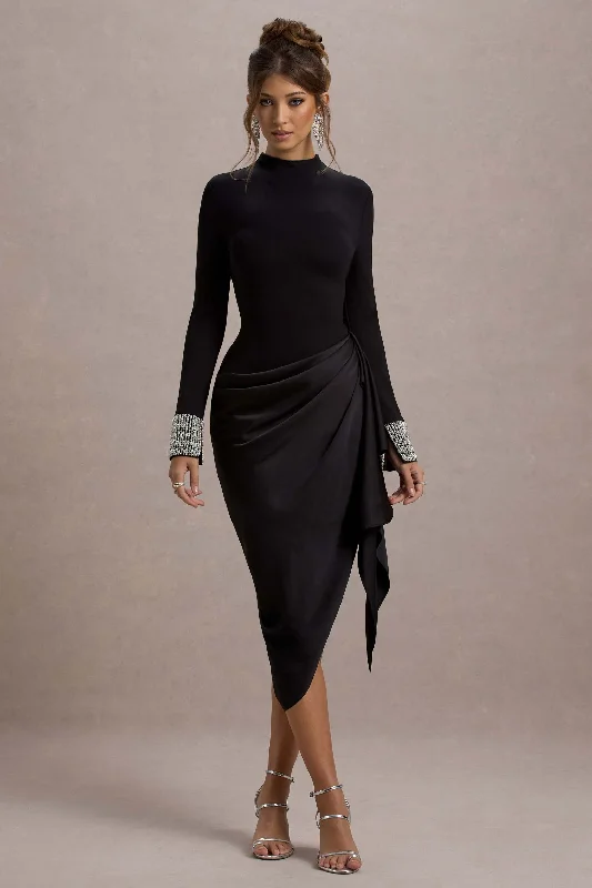 Women's Tiered DressesLuanna | Black Satin Long-Sleeve Midi Dress With Draped Skirt