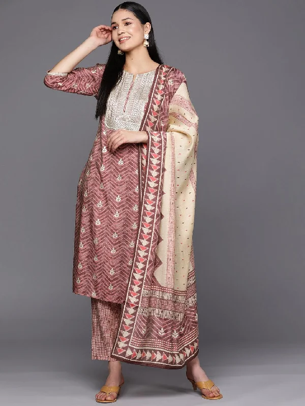 Women's Jumpsuits with U-Shaped CollarMauve Yoke Design Silk Blend Straight Kurta With Trousers & Dupatta