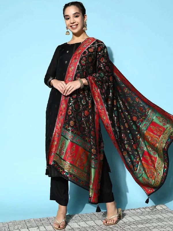 Women's Jumpsuits with ButtonsBlack Self Design Silk Blend Straight Kurta With Dupatta