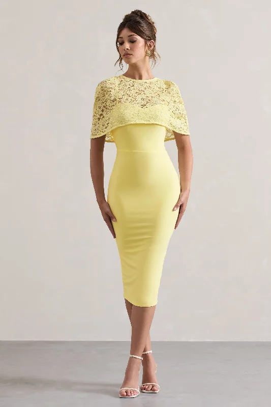 Women's Midi DressesClaudette | Lemon Bodycon Midi Dress With Lace Overlay