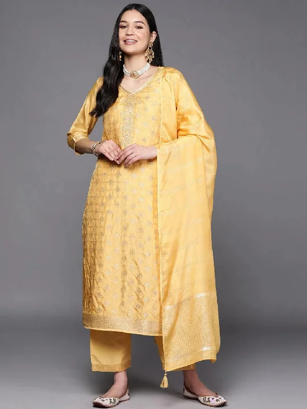 Women's Jumpsuits with SleevesYellow Embroidered Silk Blend Straight Kurta With Trousers & Dupatta