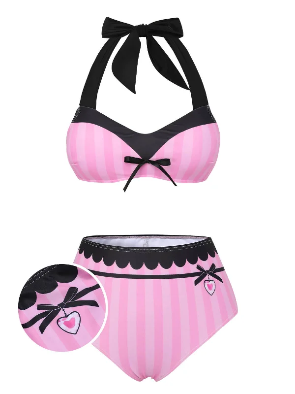 Pink & Black 1950s Stripe Halter Swimsuit