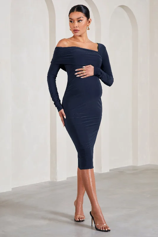 Women's Peter Pan Collar DressesHeartbeat | Navy One-Shoulder Long-Sleeved Maternity Midi Dress