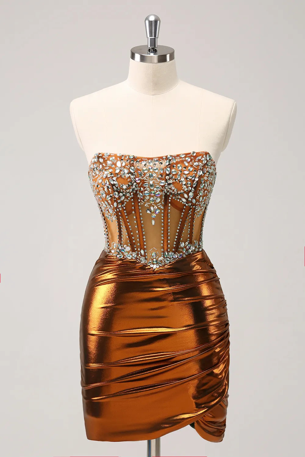 Women's Keyhole-Neck DressesMetallic Copper Strapless Ruched Bodycon Corset Homecoming Dress with Beading