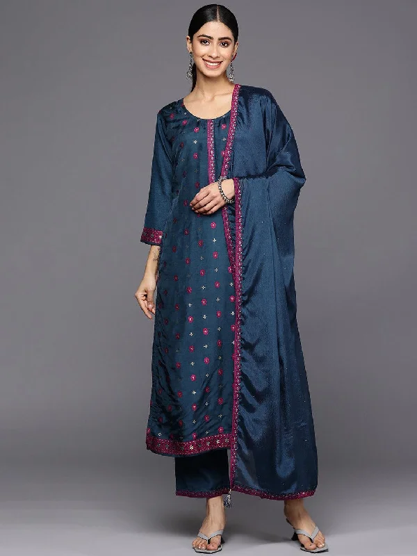 Women's Jumpsuits with Shirt CollarNavy Blue Self Design Silk Blend Straight Kurta With Trousers & Dupatta