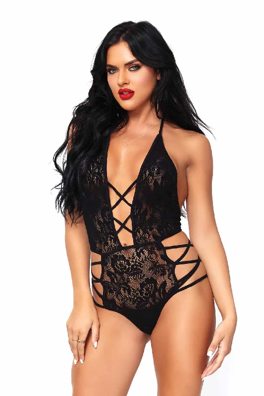 seamless body suit with long sleeves for full-body smoothingStrappy Cut Out Halter Lace Teddy